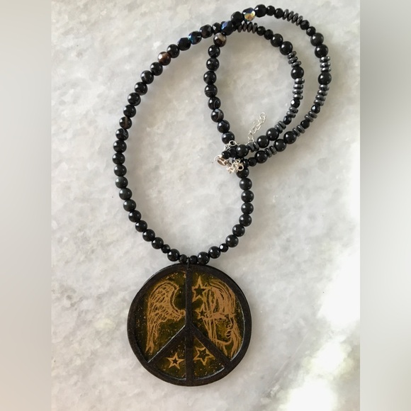 Peace Handcrafted Brass/Copper mixed metal on gemstone beaded necklace 20-22β - Picture 11 of 16